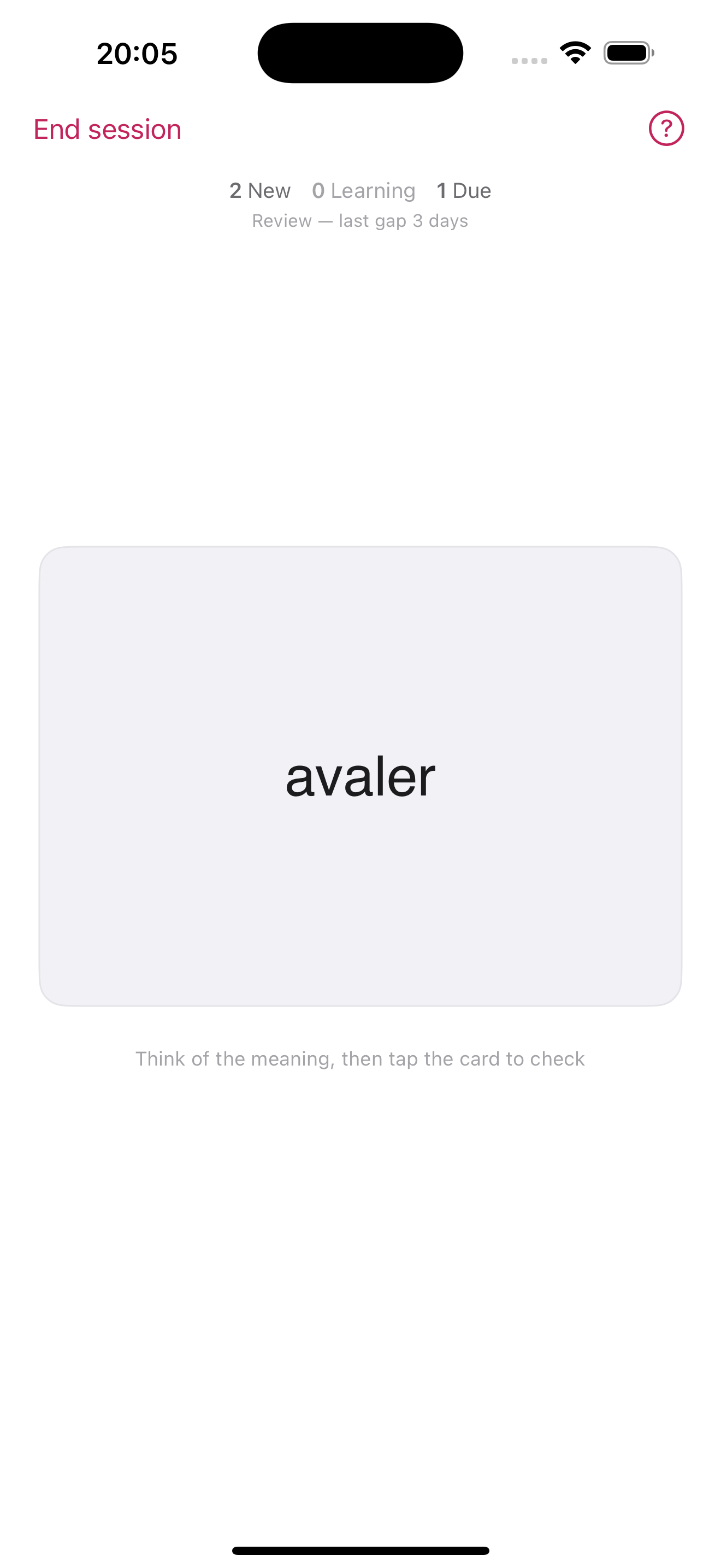 Flashcard review session showing the French verb avaler from Boule de Suif